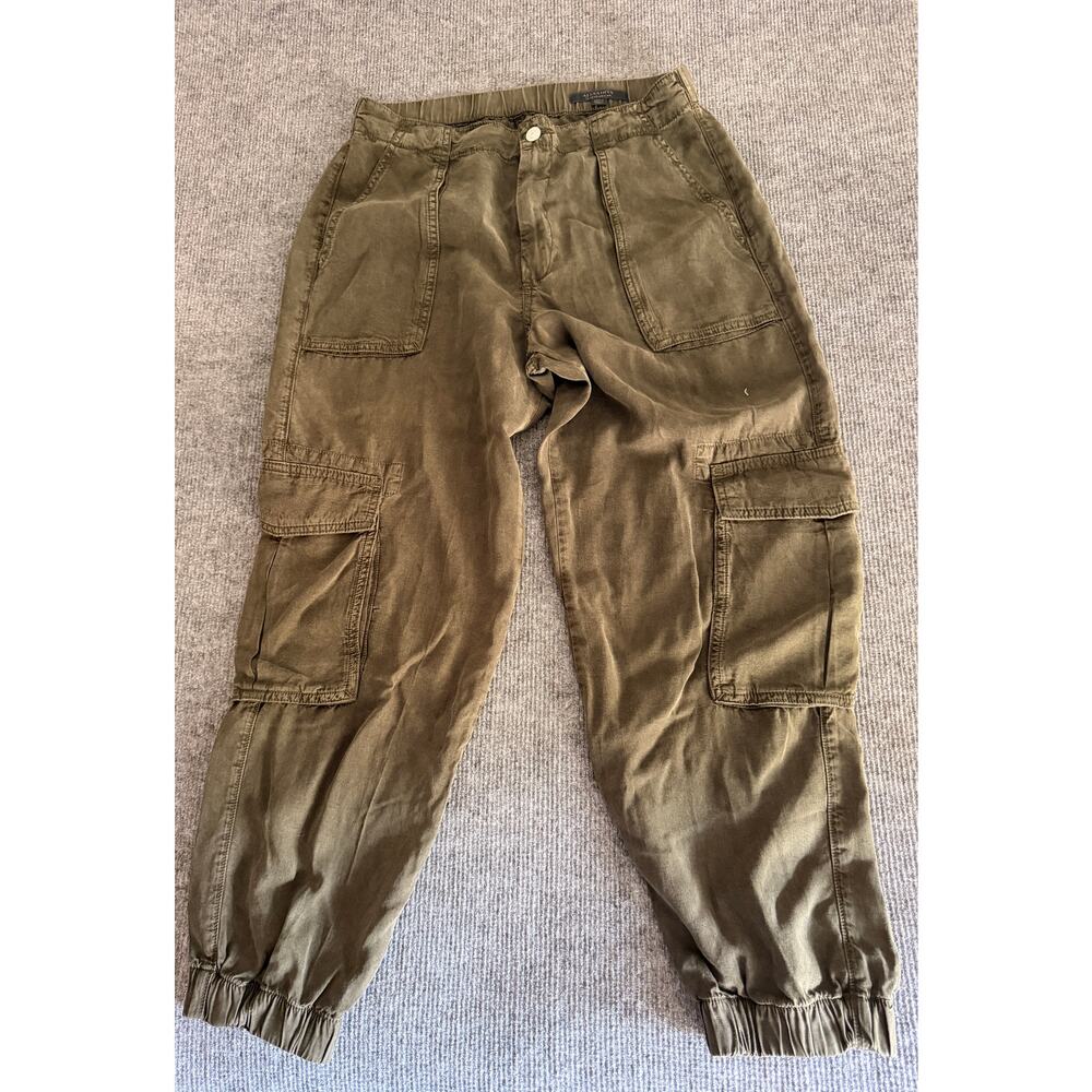 AllSaints Frieda Denim Cargo Joggers Olive Green Pants High Rise Utility Sz 8